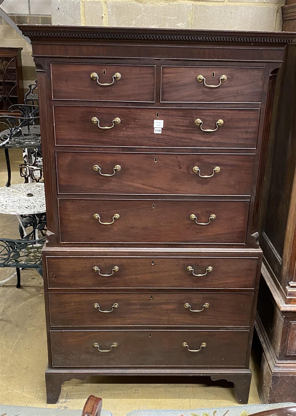 A George III mahogany chest on chest, width 112cm, depth 56cm, height 191cm